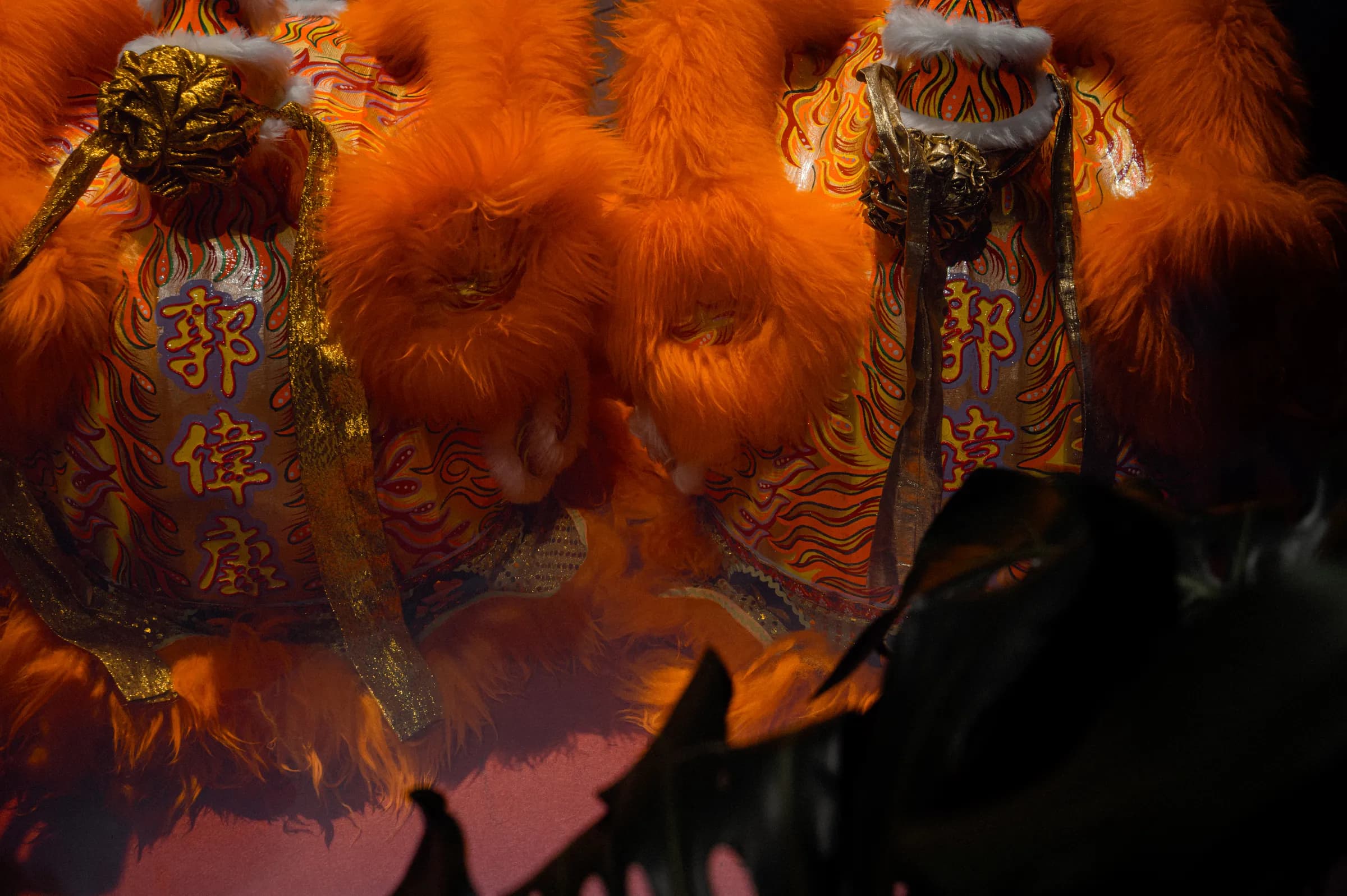 Lion dance heads at the RORUBARU opening celebration in Wan Chai, Hong Kong